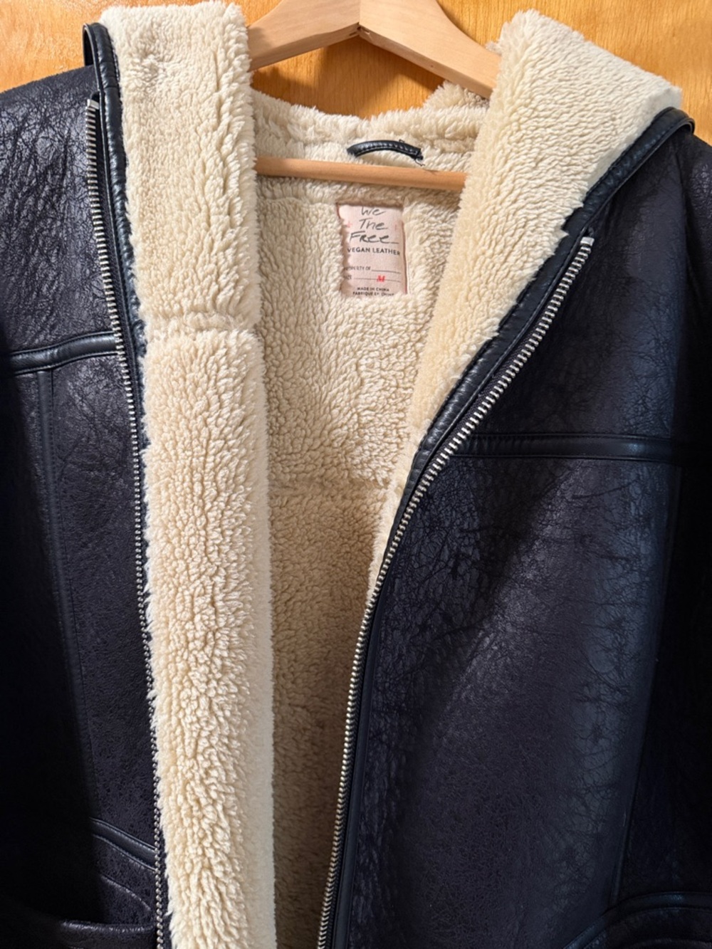 Free People Black Vegan Faux Leather Shearling Jacket with Cream Lining